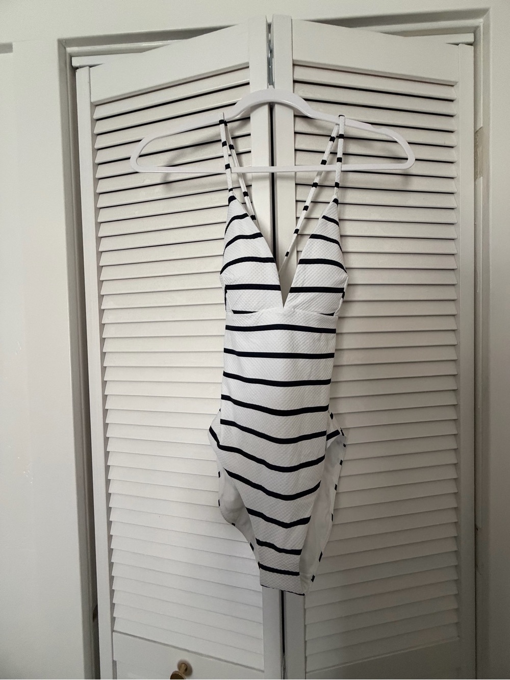 CALIA by Carrie Underwood White and Navy Striped Deep V One-Piece